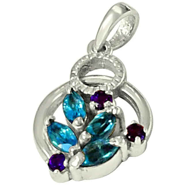 Floral Shaped Blue Topaz, Purple Amethyst & 925 Sterling Silver Pendant with 18 IN Chain (SDP474)