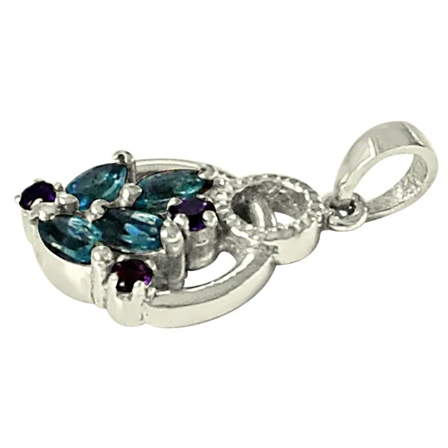 Floral Shaped Blue Topaz, Purple Amethyst & 925 Sterling Silver Pendant with 18 IN Chain (SDP474)