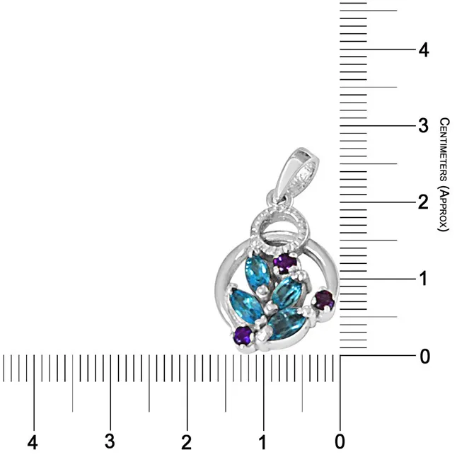 Floral Shaped Blue Topaz, Purple Amethyst & 925 Sterling Silver Pendant with 18 IN Chain (SDP474)