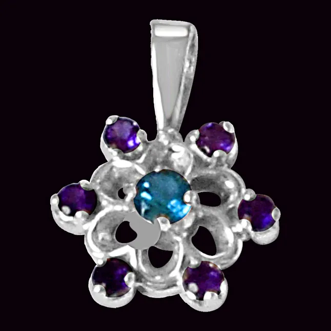 Flower Shaped Purple Amethyst, Blue Topaz & 925 Sterling Silver Pendant with 18 IN Chain (SDP475)