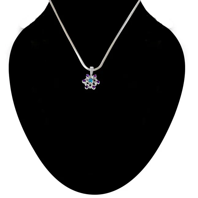 Flower Shaped Purple Amethyst, Blue Topaz & 925 Sterling Silver Pendant with 18 IN Chain (SDP475)