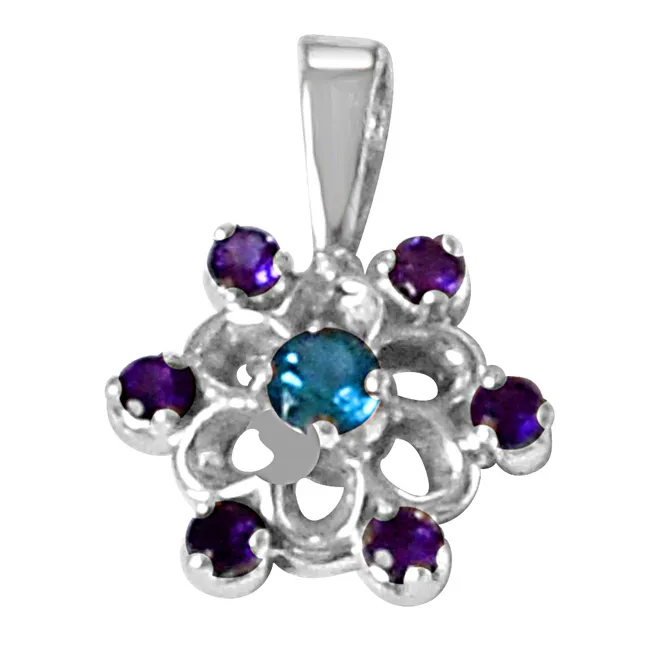 Flower Shaped Purple Amethyst, Blue Topaz & 925 Sterling Silver Pendant with 18 IN Chain (SDP475)