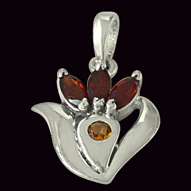 Flower Shaped Red Garnet, Yellow Tourmaline & 925 Sterling Silver Pendant with 18 IN Chain (SDP478)