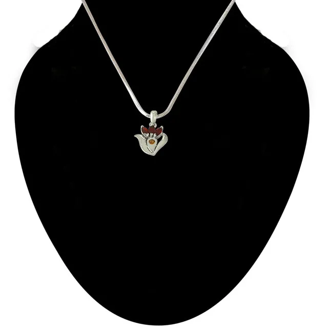 Flower Shaped Red Garnet, Yellow Tourmaline & 925 Sterling Silver Pendant with 18 IN Chain (SDP478)