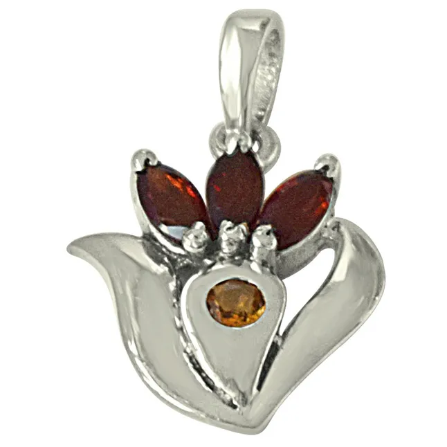 Flower Shaped Red Garnet, Yellow Tourmaline & 925 Sterling Silver Pendant with 18 IN Chain (SDP478)