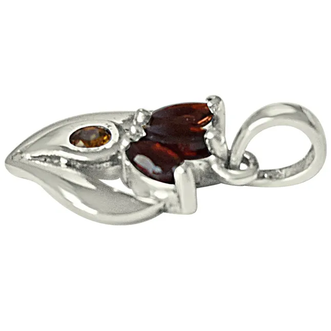 Flower Shaped Red Garnet, Yellow Tourmaline & 925 Sterling Silver Pendant with 18 IN Chain (SDP478)