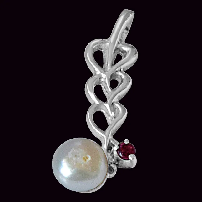 Heart Shaped Pearl, Rhodolite & 925 Sterling Silver Pendant with 18 IN Chain (SDP479)