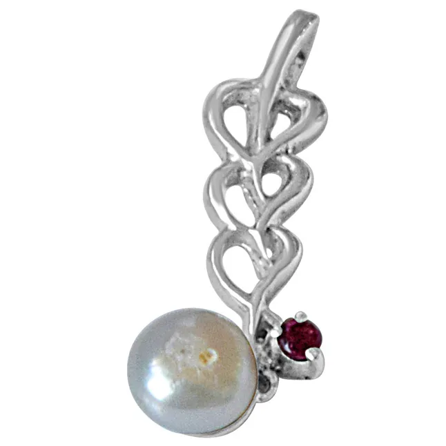 Heart Shaped Pearl, Rhodolite & 925 Sterling Silver Pendant with 18 IN Chain (SDP479)