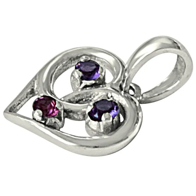 Heart Shaped Purple Amethyst, Pink Rhodolite & 925 Sterling Silver Pendant with 18 IN Chain (SDP480)