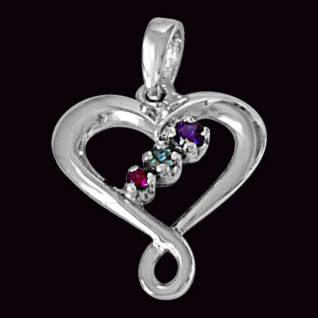 Crossed Heart Blue Topaz, Purple Amethyst, Pink Rhodolite & 925 Sterling Silver Pendant with 18 IN Chain (SDP481)