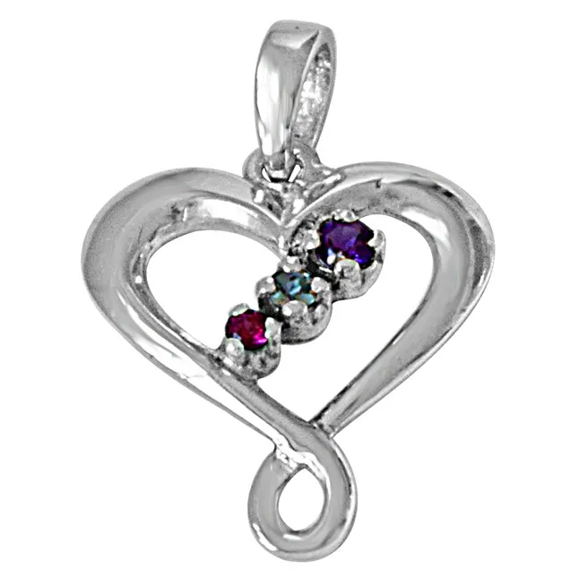 Crossed Heart Blue Topaz, Purple Amethyst, Pink Rhodolite & 925 Sterling Silver Pendant with 18 IN Chain (SDP481)