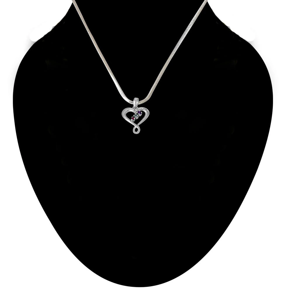 Crossed Heart Blue Topaz, Purple Amethyst, Pink Rhodolite & 925 Sterling Silver Pendant with 18 IN Chain (SDP481)