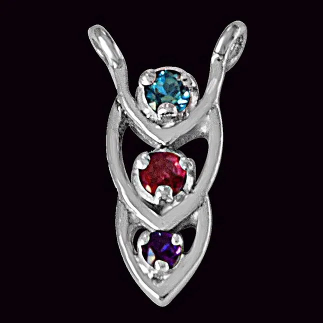 Coloured Drops Blue Topaz, Purple Amethyst, Pink Tourmaline & 925 Sterling Silver Pendant with 18 IN Chain (SDP482)