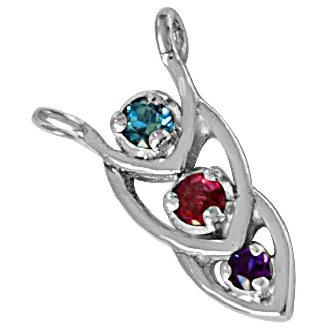Coloured Drops Blue Topaz, Purple Amethyst, Pink Tourmaline & 925 Sterling Silver Pendant with 18 IN Chain (SDP482)