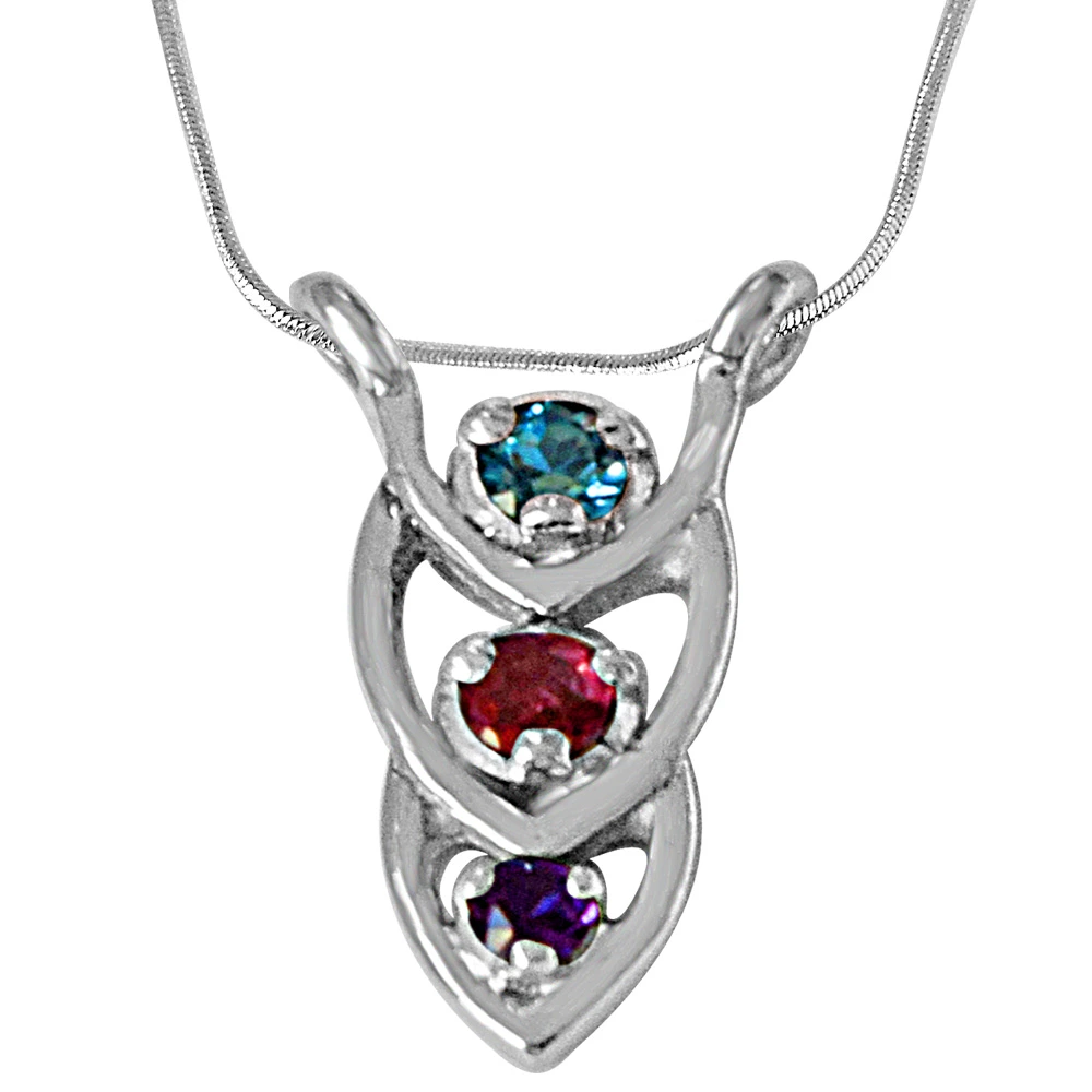 Coloured Drops Blue Topaz, Purple Amethyst, Pink Tourmaline & 925 Sterling Silver Pendant with 18 IN Chain (SDP482)