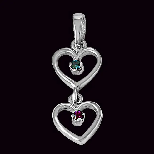 Dangling Heart Blue Topaz, Pink Rhodolite & 925 Sterling Silver Pendant with 18 IN Chain (SDP483)