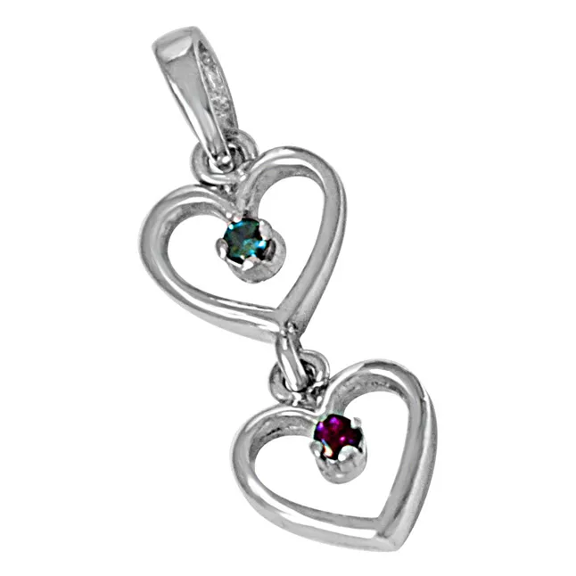 Dangling Heart Blue Topaz, Pink Rhodolite & 925 Sterling Silver Pendant with 18 IN Chain (SDP483)