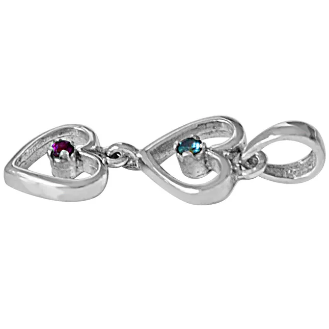 Dangling Heart Blue Topaz, Pink Rhodolite & 925 Sterling Silver Pendant with 18 IN Chain (SDP483)