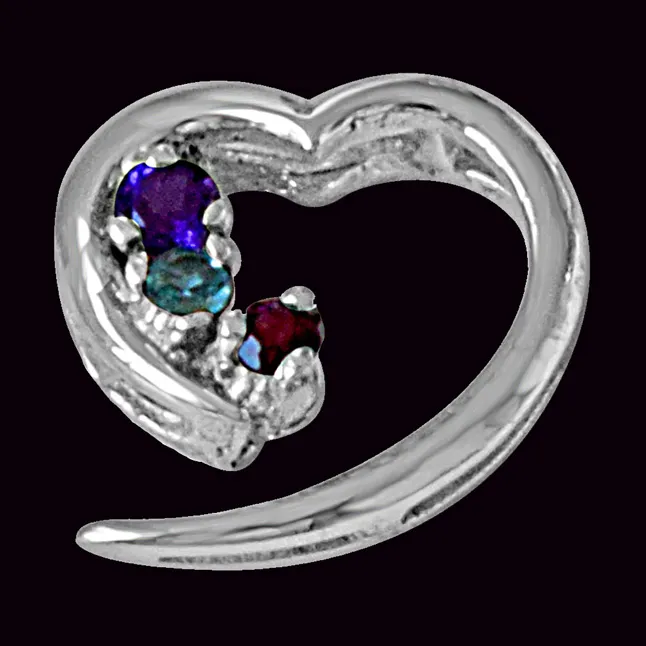 Trendy Heart Blue Topaz, Purple Amethyst, Pink Rhodolite & 925 Sterling Silver Pendant with 18 IN Chain (SDP486)