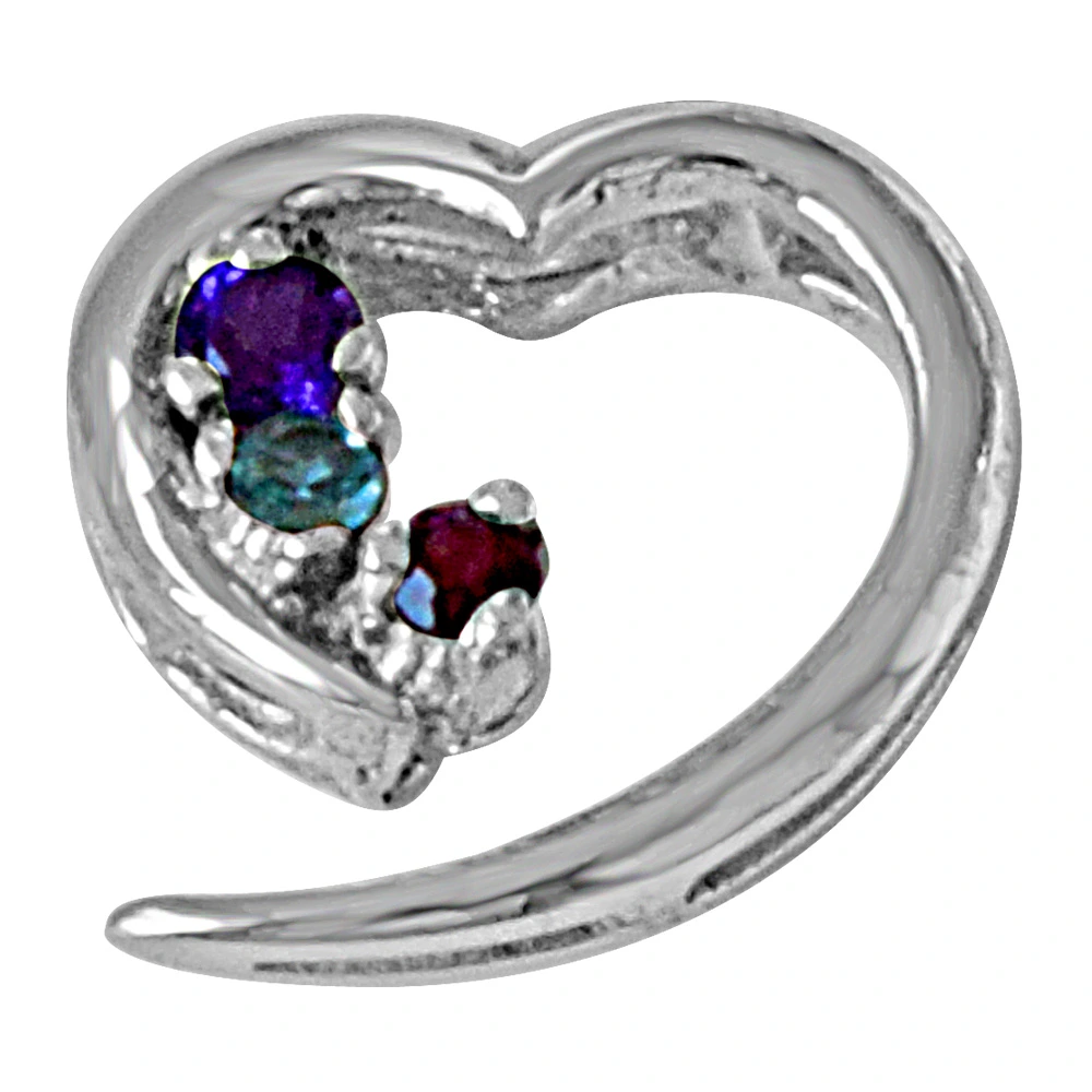 Trendy Heart Blue Topaz, Purple Amethyst, Pink Rhodolite & 925 Sterling Silver Pendant with 18 IN Chain (SDP486)