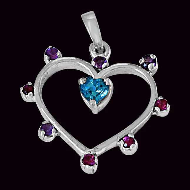 Heart Shaped Blue Topaz, Purple Amethyst, Pink Rhodolite & 925 Sterling Silver Pendant with 18 IN Chain (SDP488)