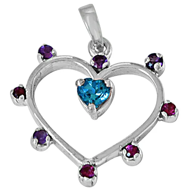 Heart Shaped Blue Topaz, Purple Amethyst, Pink Rhodolite & 925 Sterling Silver Pendant with 18 IN Chain (SDP488)