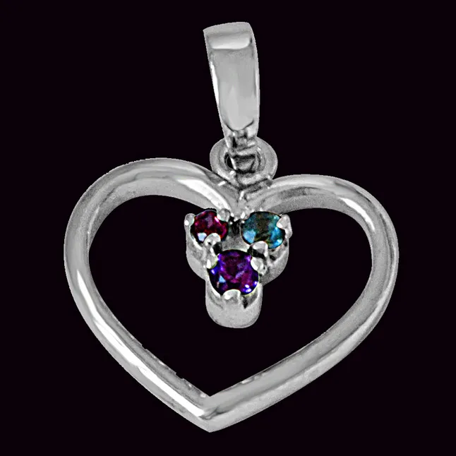 Sparkling Heart Blue Topaz, Purple Amethyst, Pink Rhodolite & 925 Sterling Silver Pendant with 18 IN Chain (SDP489)