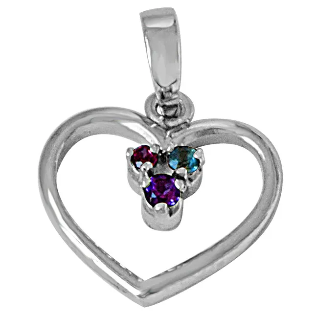 Sparkling Heart Blue Topaz, Purple Amethyst, Pink Rhodolite & 925 Sterling Silver Pendant with 18 IN Chain (SDP489)