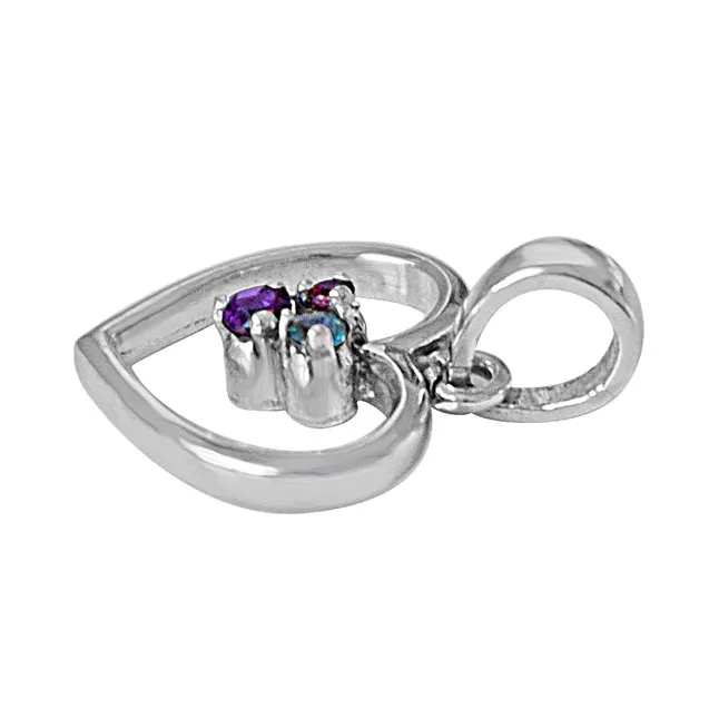 Sparkling Heart Blue Topaz, Purple Amethyst, Pink Rhodolite & 925 Sterling Silver Pendant with 18 IN Chain (SDP489)