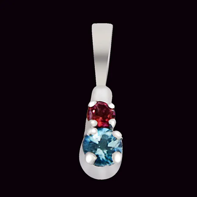 Round Blue Topaz & Pink Tourmaline  in 925 Sterling Silver Pendant with 18 IN Chain (SDP490)