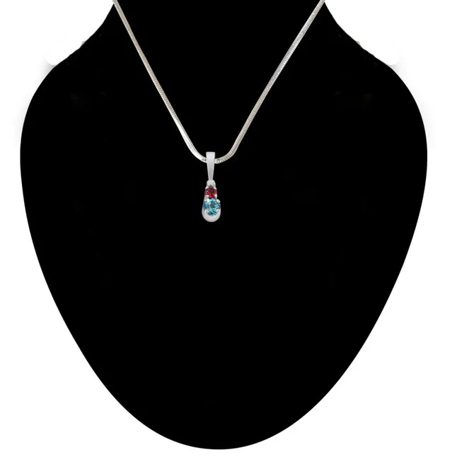 Round Blue Topaz & Pink Tourmaline  in 925 Sterling Silver Pendant with 18 IN Chain (SDP490)