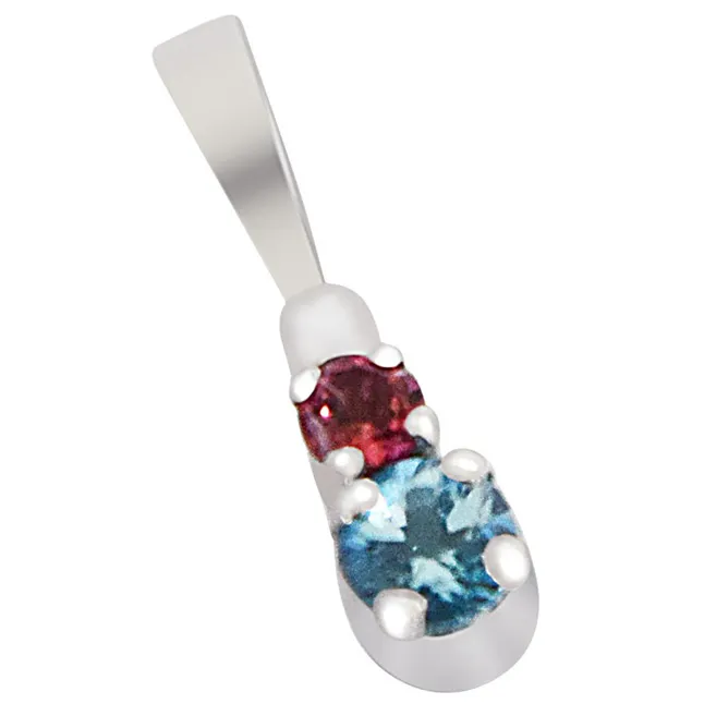 Round Blue Topaz & Pink Tourmaline  in 925 Sterling Silver Pendant with 18 IN Chain (SDP490)