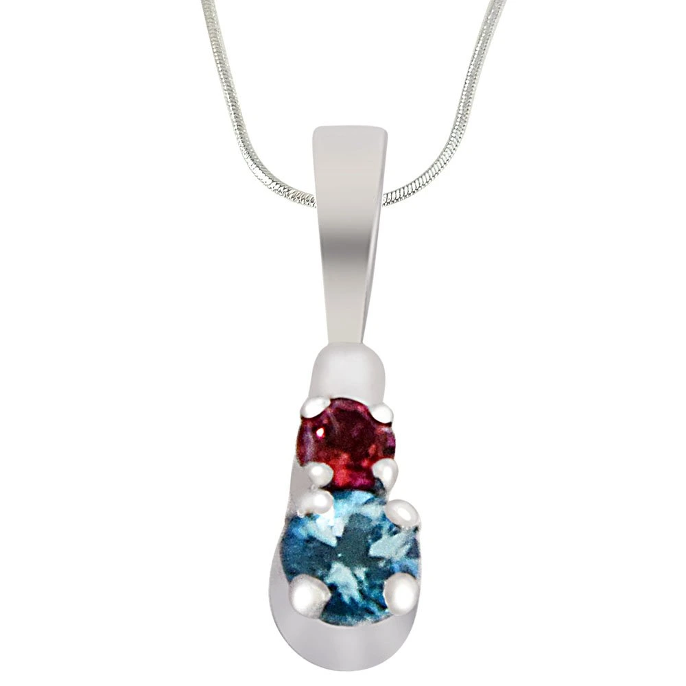 Round Blue Topaz & Pink Tourmaline  in 925 Sterling Silver Pendant with 18 IN Chain (SDP490)