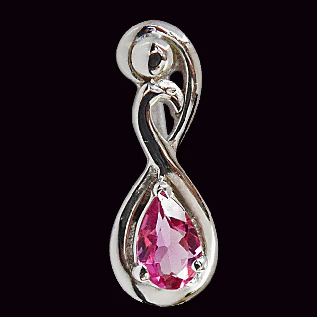 Trendy Curved Pear Pink Tourmaline & 925 Sterling Silver Pendant with 18 IN Chain (SDP491)