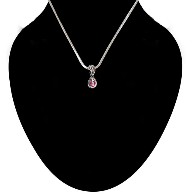 Trendy Curved Pear Pink Tourmaline & 925 Sterling Silver Pendant with 18 IN Chain (SDP491)