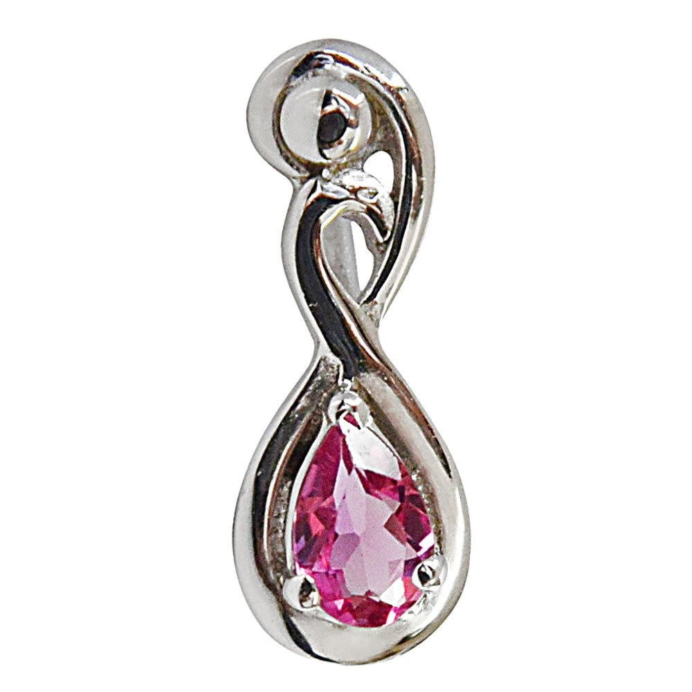 Trendy Curved Pear Pink Tourmaline & 925 Sterling Silver Pendant with 18 IN Chain (SDP491)