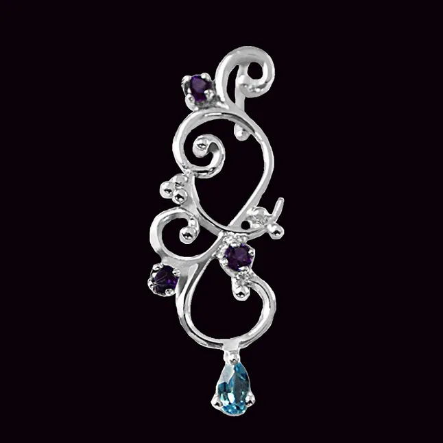 Flower Shaped Pear Blue Toapz & Purple Amethyst in 925 Sterling Silver Pendant with 18 IN Chain (SDP494)