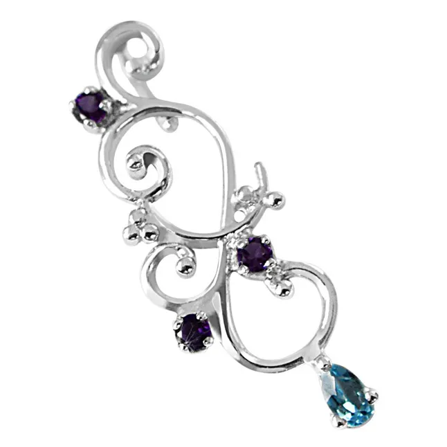 Flower Shaped Pear Blue Toapz & Purple Amethyst in 925 Sterling Silver Pendant with 18 IN Chain (SDP494)