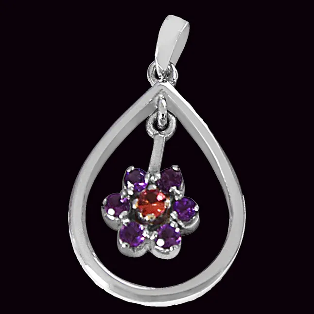 Round Purple Amethyst & Pink Tourmaline  in 925 Sterling Silver Pendant with 18 IN Chain (SDP495)