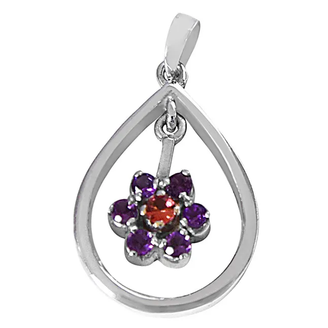 Round Purple Amethyst & Pink Tourmaline  in 925 Sterling Silver Pendant with 18 IN Chain (SDP495)