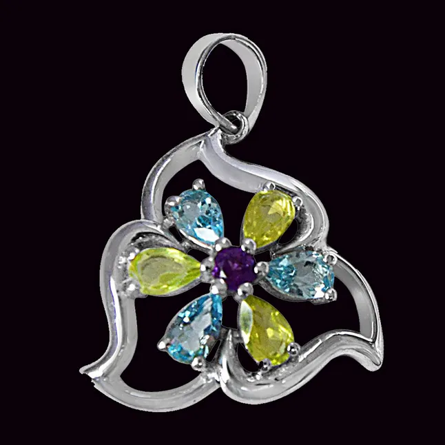 Flower Shaped Green Peridot, Blue Topaz & Purple Amethyst in 925 Sterling Silver Pendant with 18 IN Chain (SDP496)