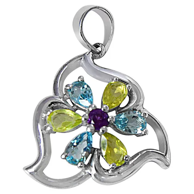 Flower Shaped Green Peridot, Blue Topaz & Purple Amethyst in 925 Sterling Silver Pendant with 18 IN Chain (SDP496)