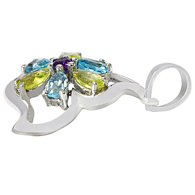 Flower Shaped Green Peridot, Blue Topaz & Purple Amethyst in 925 Sterling Silver Pendant with 18 IN Chain (SDP496)