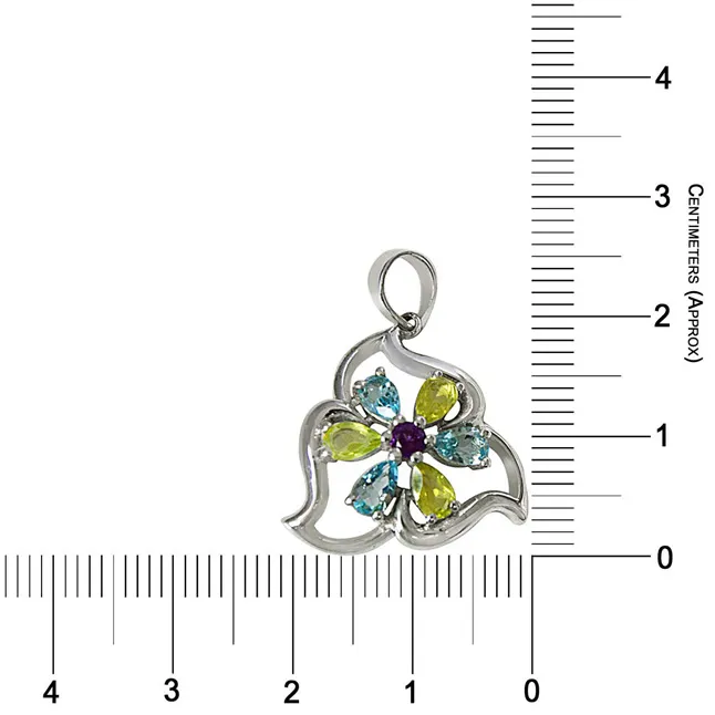 Flower Shaped Green Peridot, Blue Topaz & Purple Amethyst in 925 Sterling Silver Pendant with 18 IN Chain (SDP496)