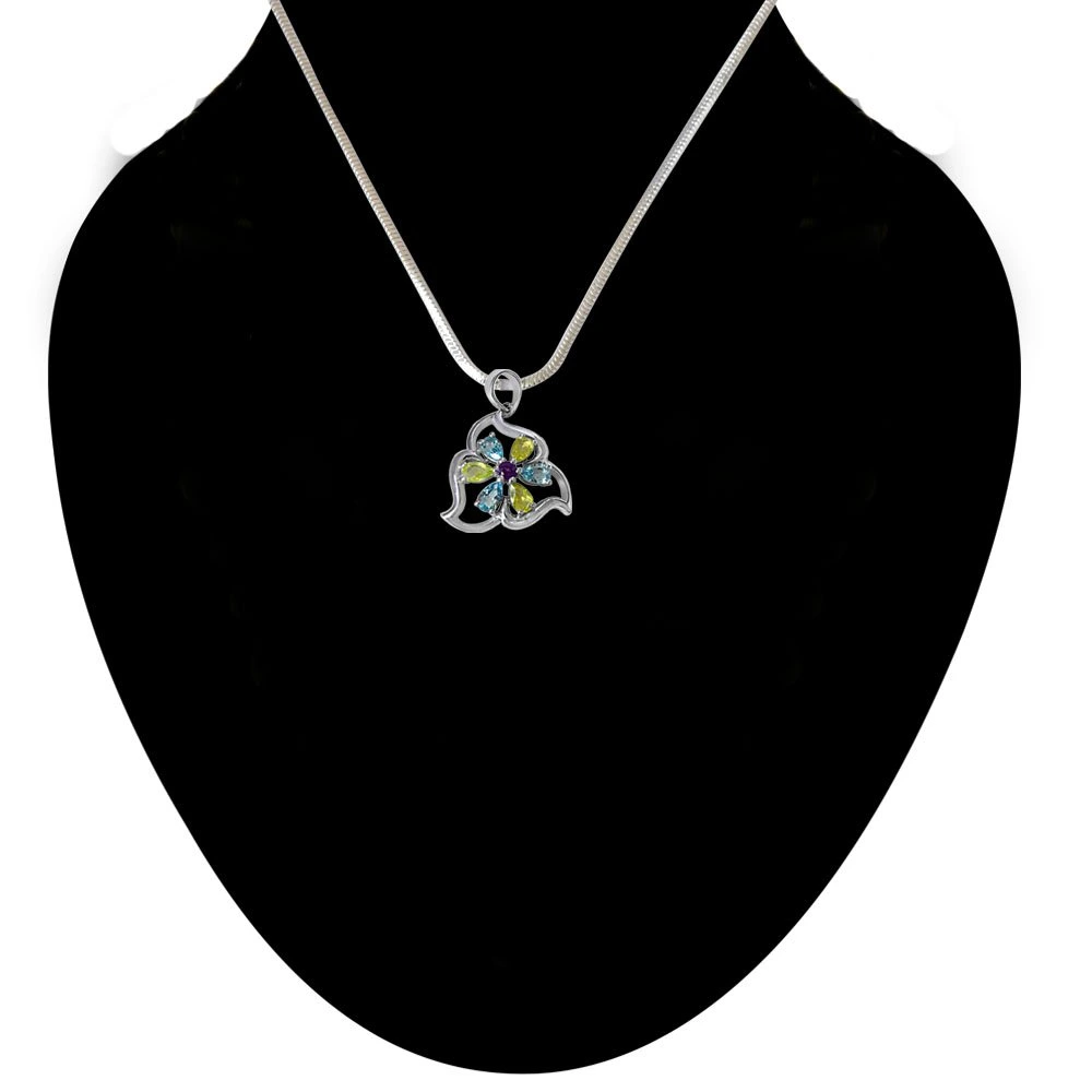 Flower Shaped Green Peridot, Blue Topaz & Purple Amethyst in 925 Sterling Silver Pendant with 18 IN Chain (SDP496)