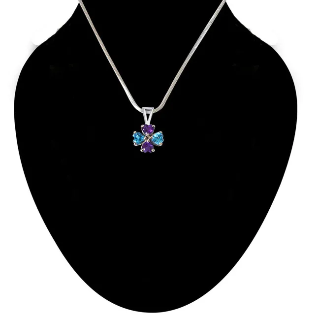 Flower Shaped Heart Blue Topaz & Purple Amethyst 925 Sterling Silver Pendant with 18 IN Chain (SDP497)