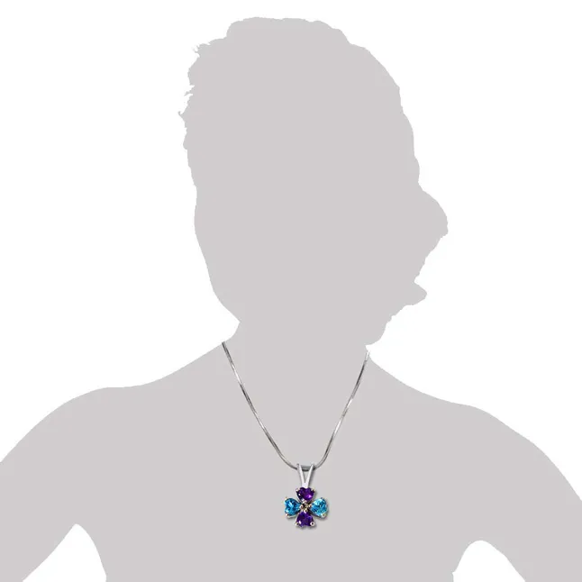 Flower Shaped Heart Blue Topaz & Purple Amethyst 925 Sterling Silver Pendant with 18 IN Chain (SDP497)