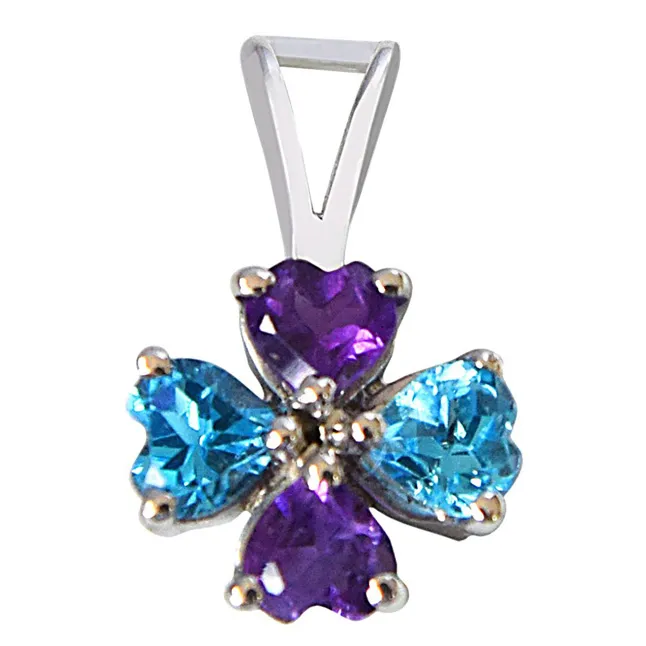 Flower Shaped Heart Blue Topaz & Purple Amethyst 925 Sterling Silver Pendant with 18 IN Chain (SDP497)