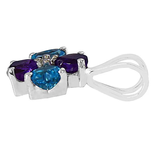 Flower Shaped Heart Blue Topaz & Purple Amethyst 925 Sterling Silver Pendant with 18 IN Chain (SDP497)