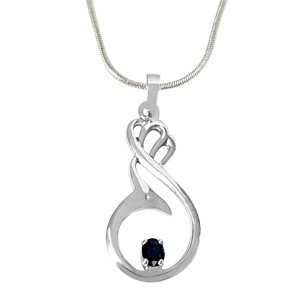 Solitaire Blue Oval Sapphire in 925 Sterling Silver Pendant with 18 IN Chain (SDP498)